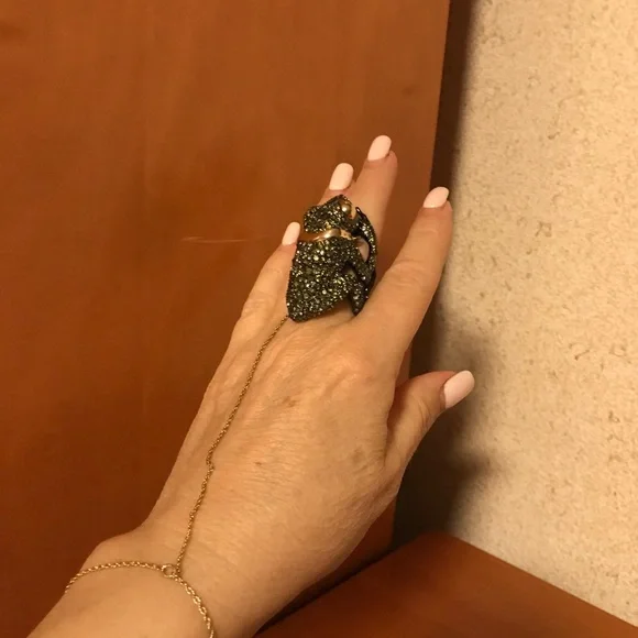 Alexis Bittar Green Crystal Frog and GoldRing with wrist Chain. Sz 8